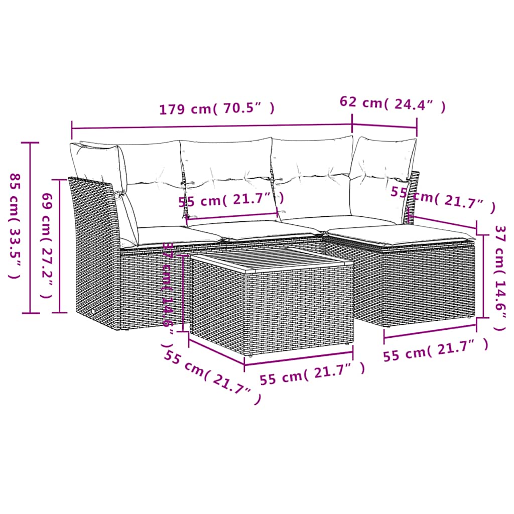 5-tlg. Garten-Sofagarnitur mit Kissen Schwarz Poly Rattan