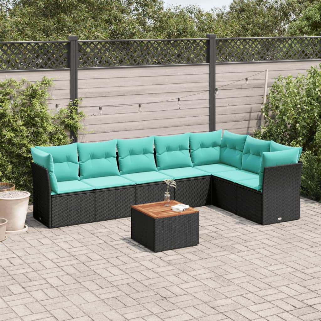8-tlg. Garten-Sofagarnitur mit Kissen Schwarz Poly Rattan