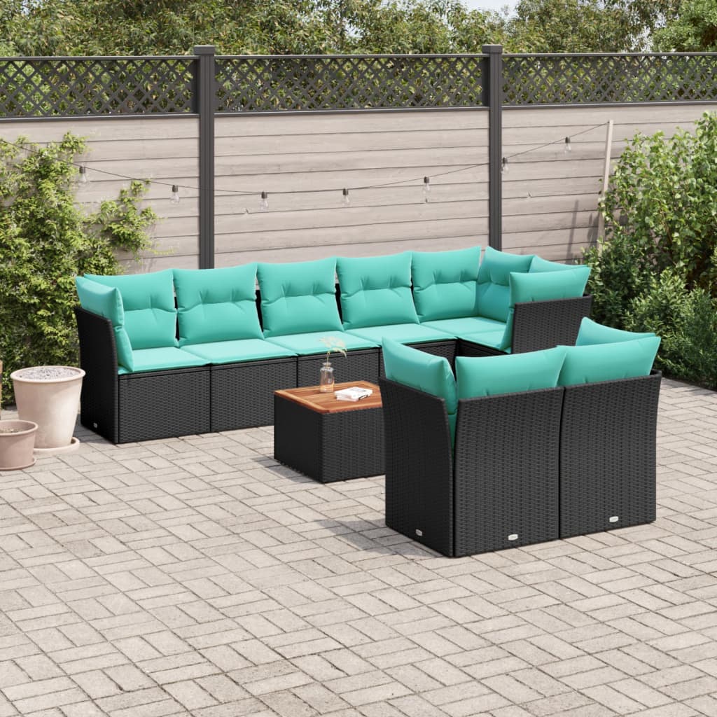 9-tlg. Garten-Sofagarnitur mit Kissen Schwarz Poly Rattan