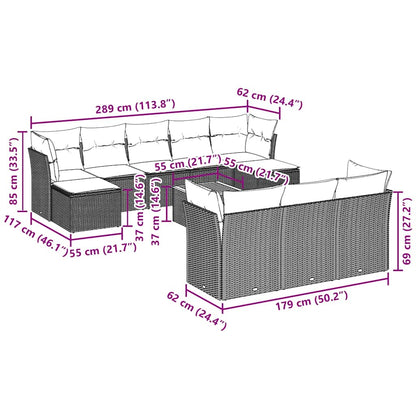 11-tlg. Garten-Sofagarnitur mit Kissen Schwarz Poly Rattan