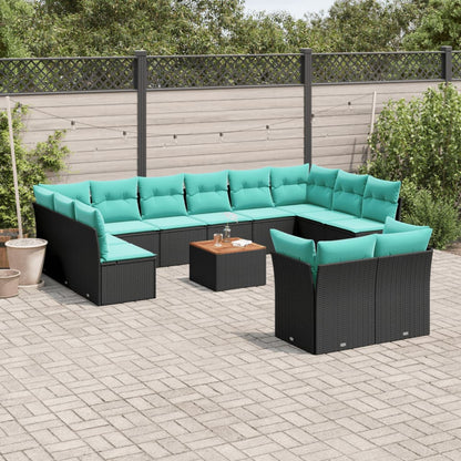 13-tlg. Garten-Sofagarnitur mit Kissen Schwarz Poly Rattan