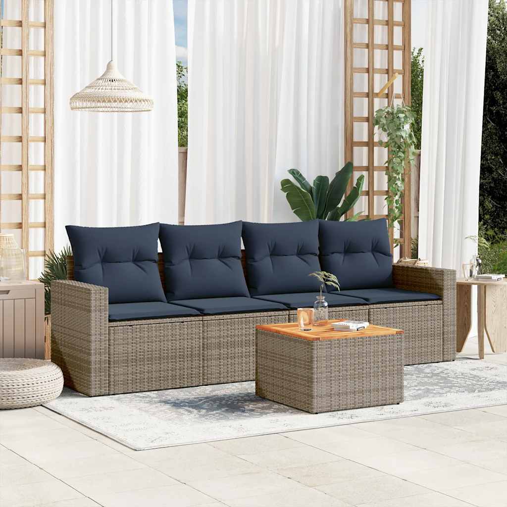5-tlg. Garten-Sofagarnitur mit Kissen Grau Poly Rattan