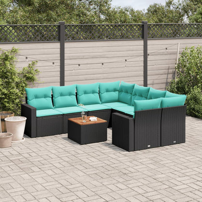 9-tlg. Garten-Sofagarnitur mit Kissen Schwarz Poly Rattan
