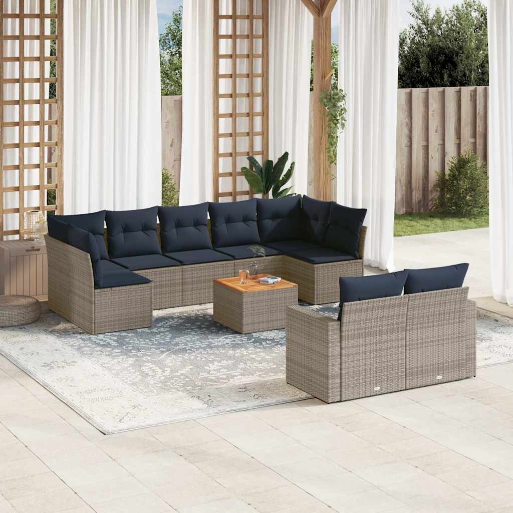 10-tlg. Garten-Sofagarnitur mit Kissen Grau Poly Rattan