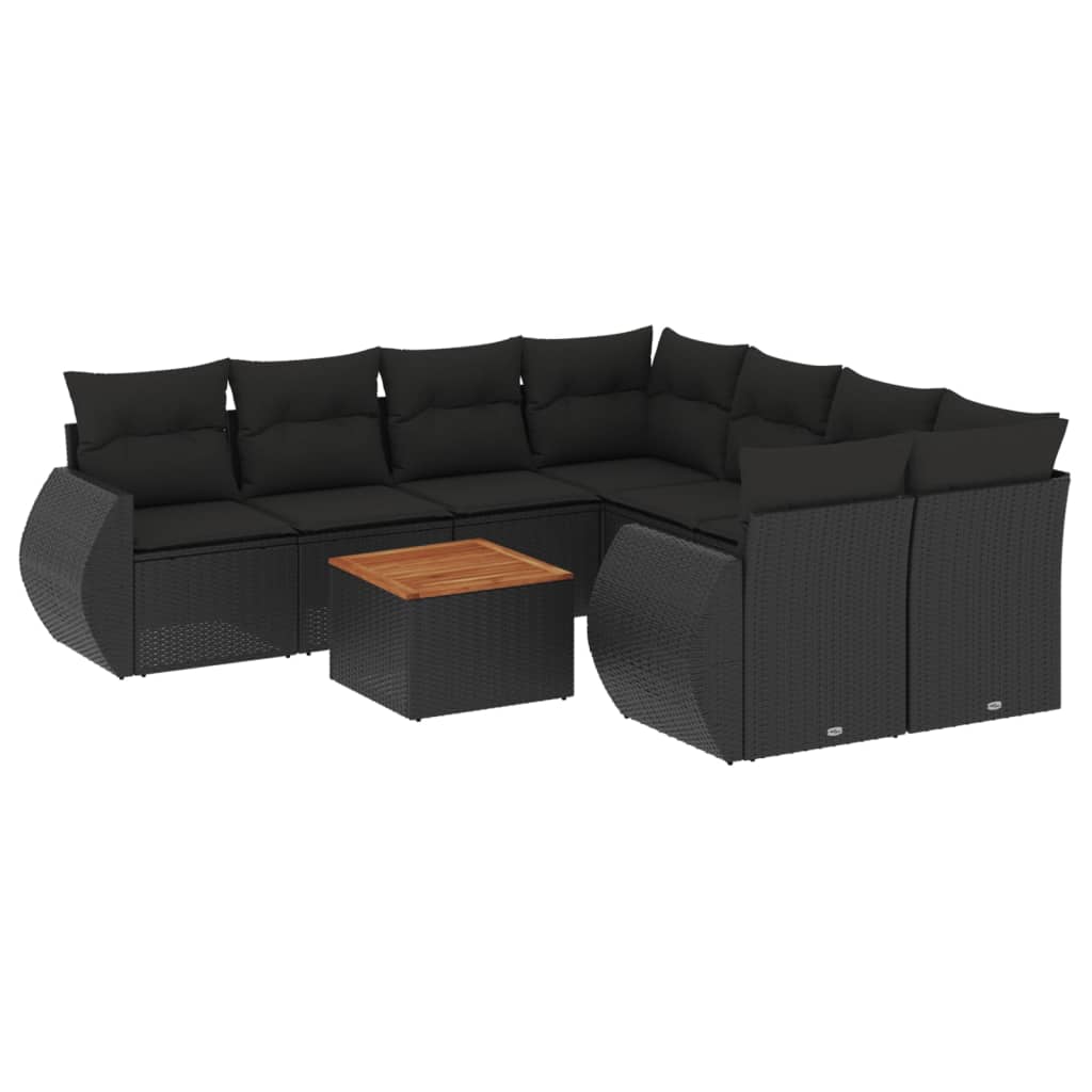 9-tlg. Garten-Sofagarnitur mit Kissen Schwarz Poly Rattan
