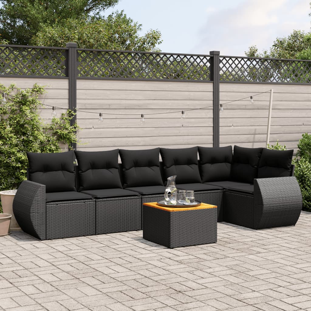 7-tlg. Garten-Sofagarnitur mit Kissen Schwarz Poly Rattan