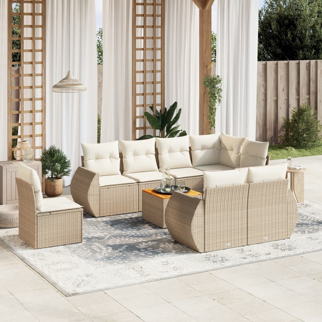 9-tlg. Garten-Sofagarnitur mit Kissen Beige Poly Rattan