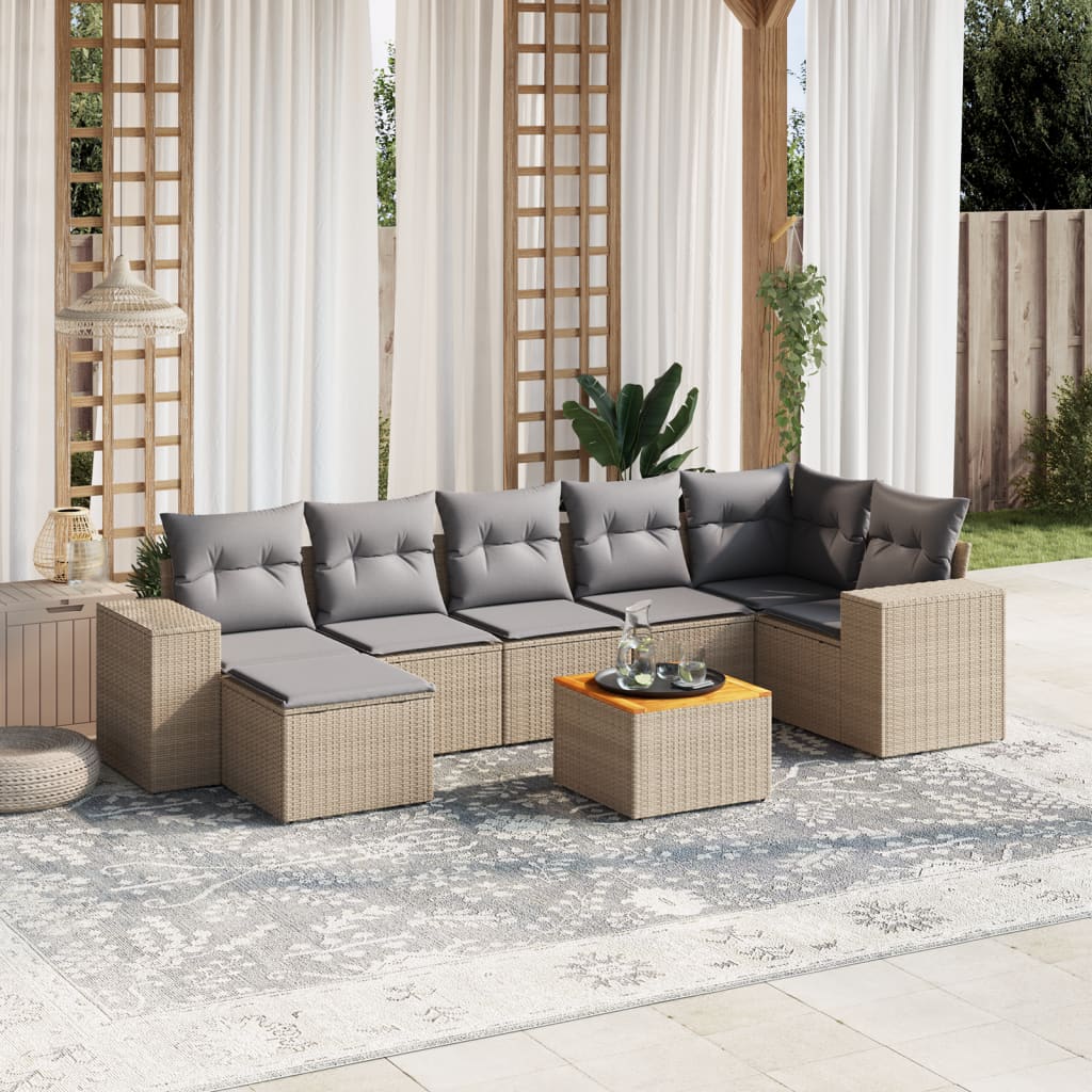 8-tlg. Garten-Sofagarnitur mit Kissen Beige Poly Rattan