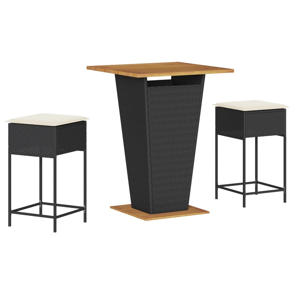 3-tlg. Gartenbar-Set mit Kissen Schwarz Poly Rattan