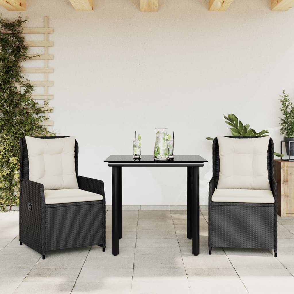 3-tlg. Garten-Essgruppe mit Kissen Schwarz Poly Rattan