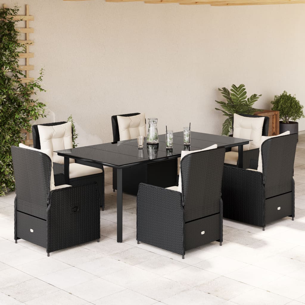 7-tlg. Garten-Essgruppe mit Kissen Schwarz Poly Rattan