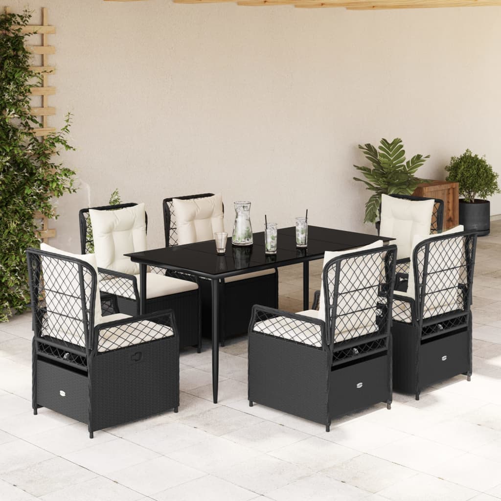 7-tlg. Garten-Essgruppe mit Kissen Schwarz Poly Rattan