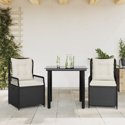 3-tlg. Garten-Essgruppe mit Kissen Schwarz Poly Rattan
