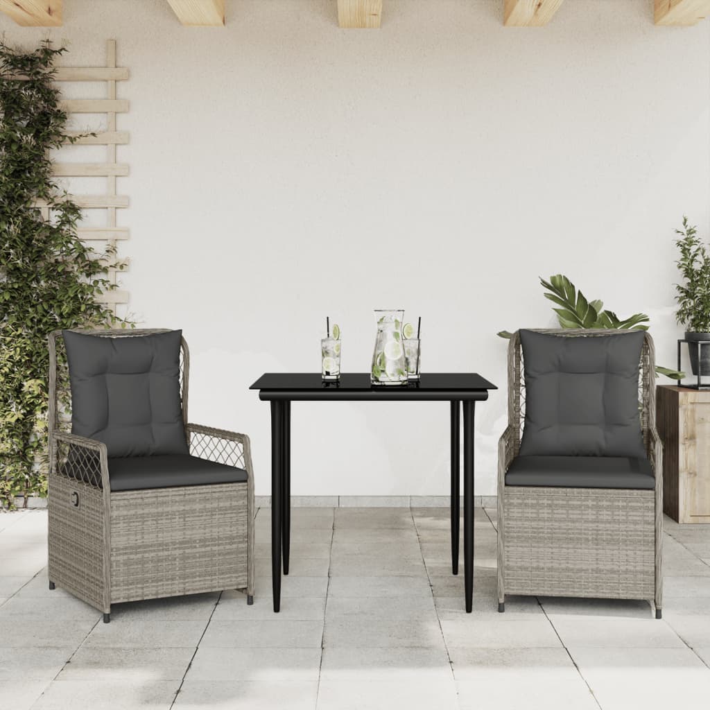 3-tlg. Garten-Essgruppe mit Kissen Hellgrau Poly Rattan