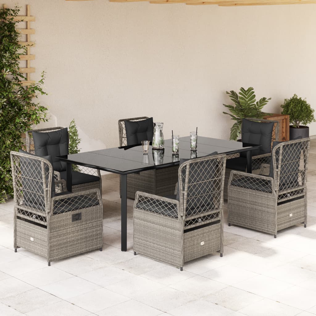 7-tlg. Garten-Essgruppe mit Kissen Hellgrau Poly Rattan