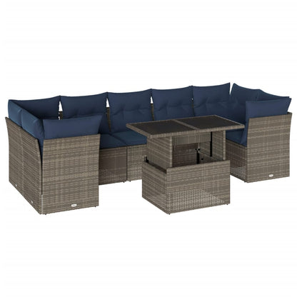 8-teiliges Gartensofa-Set mit Kissen, grau, Polyrattan