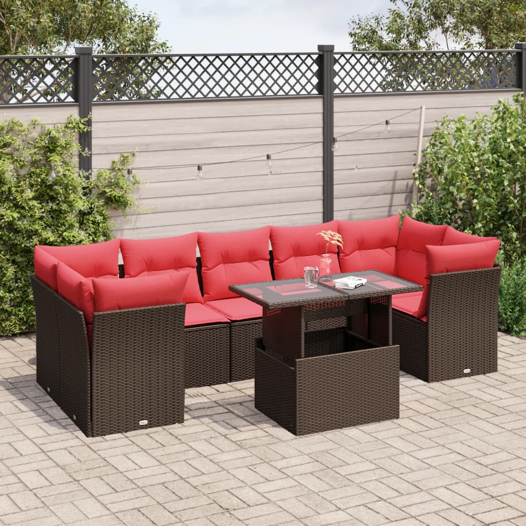 8-teiliges Gartensofa-Set mit Kissen, braun, Polyrattan