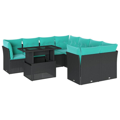 9-teiliges Gartensofa-Set mit Kissen, schwarzes Polyrattan