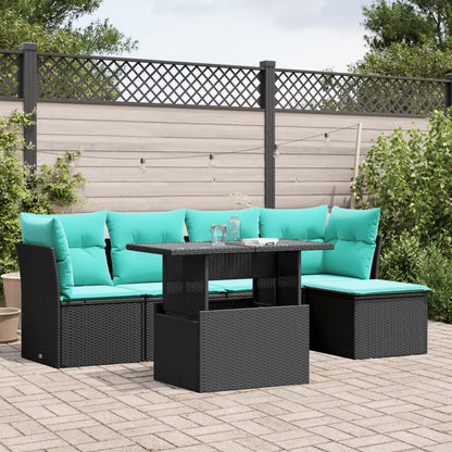 6-teiliges Gartensofa-Set mit Kissen, schwarzes Polyrattan