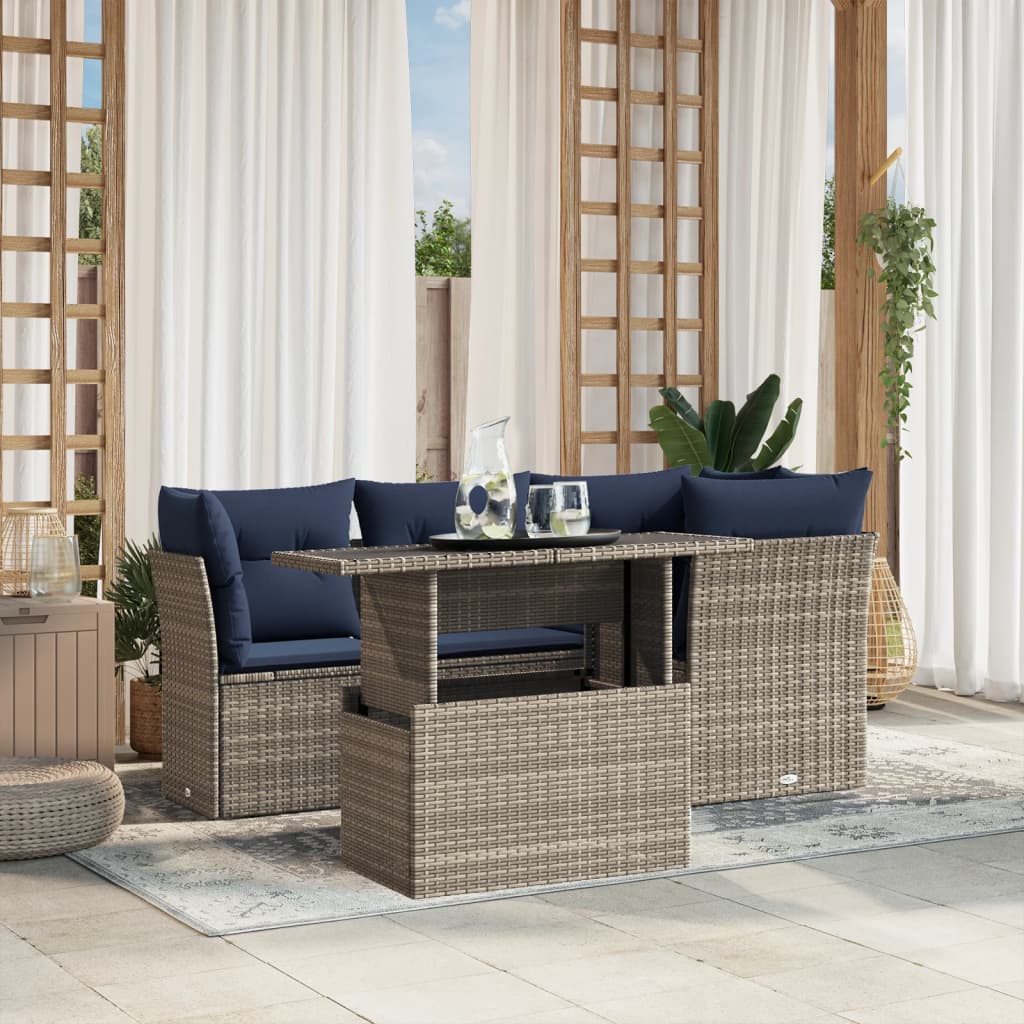 5-teiliges Gartensofa-Set mit Kissen, grau, Polyrattan