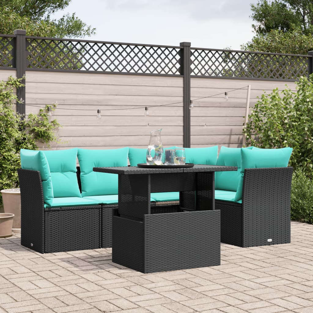 6-teiliges Gartensofa-Set mit Kissen, schwarzes Polyrattan