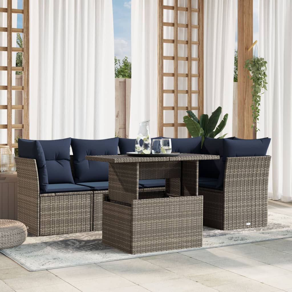 6-teiliges Gartensofa-Set mit Kissen, grau, Polyrattan