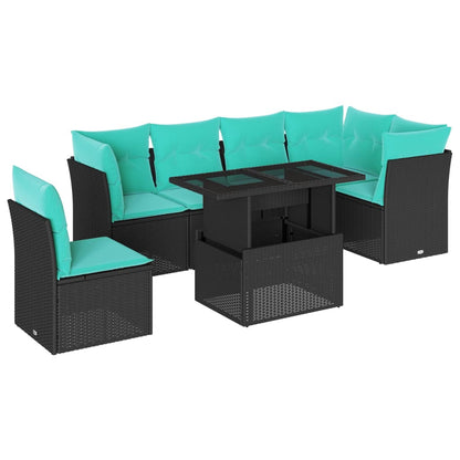 7-teiliges Gartensofa-Set mit Kissen, schwarzes Polyrattan