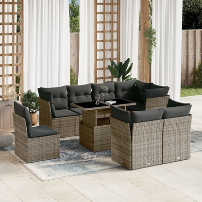 9-tlg. Garten-Sofagarnitur mit Kissen Grau Poly Rattan