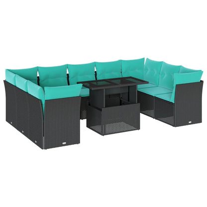 10-teiliges Gartensofa-Set mit Kissen, schwarzes Polyrattan