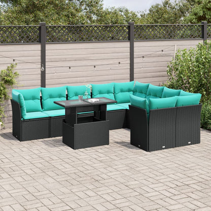10-teiliges Gartensofa-Set mit Kissen, schwarzes Polyrattan
