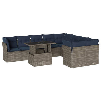 10-teiliges Gartensofa-Set mit Kissen, grau, Polyrattan