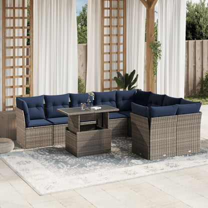10-teiliges Gartensofa-Set mit Kissen, grau, Polyrattan