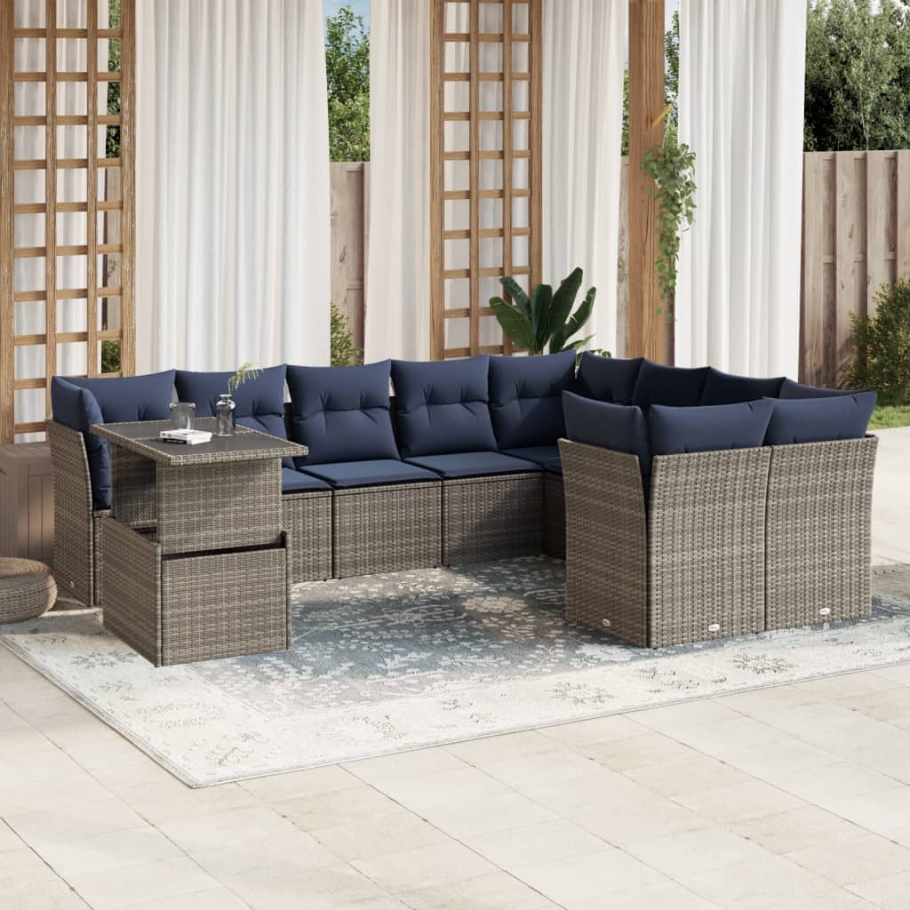 10-teiliges Gartensofa-Set mit Kissen, grau, Polyrattan