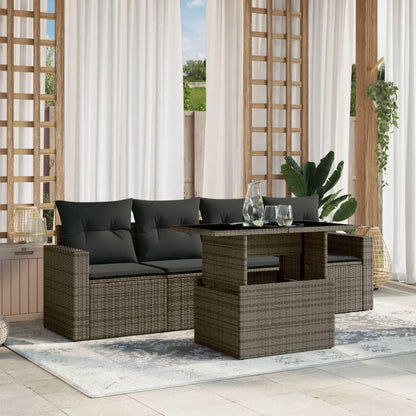 5-tlg. Garten-Sofagarnitur mit Kissen Grau Poly Rattan