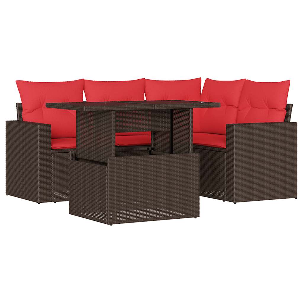 5-teiliges Gartensofa-Set mit Kissen, braun, Polyrattan