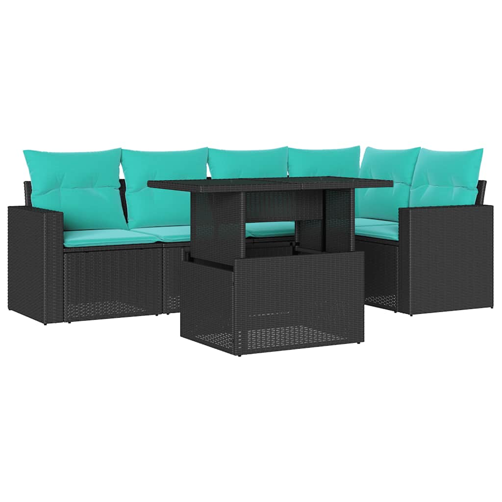 6-teiliges Gartensofa-Set mit Kissen, schwarzes Polyrattan