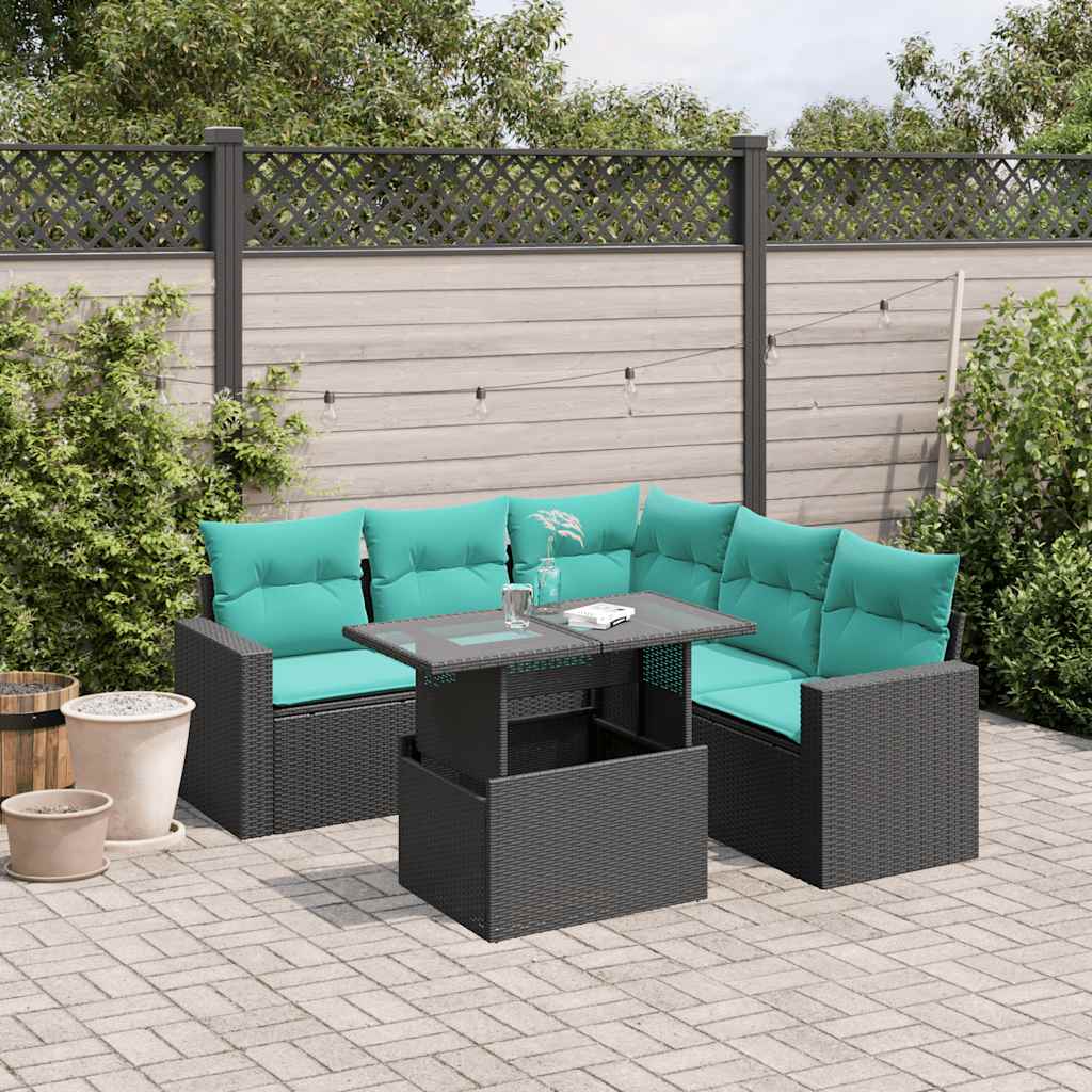 6-teiliges Gartensofa-Set mit Kissen, schwarzes Polyrattan