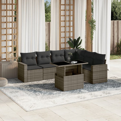 7-tlg. Garten-Sofagarnitur mit Kissen Grau Poly Rattan
