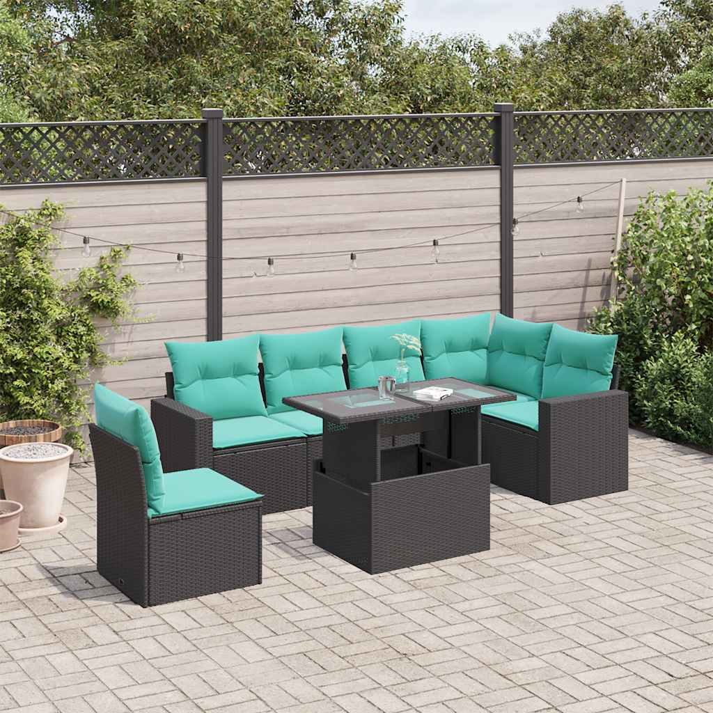 7-teiliges Gartensofa-Set mit Kissen, schwarzes Polyrattan