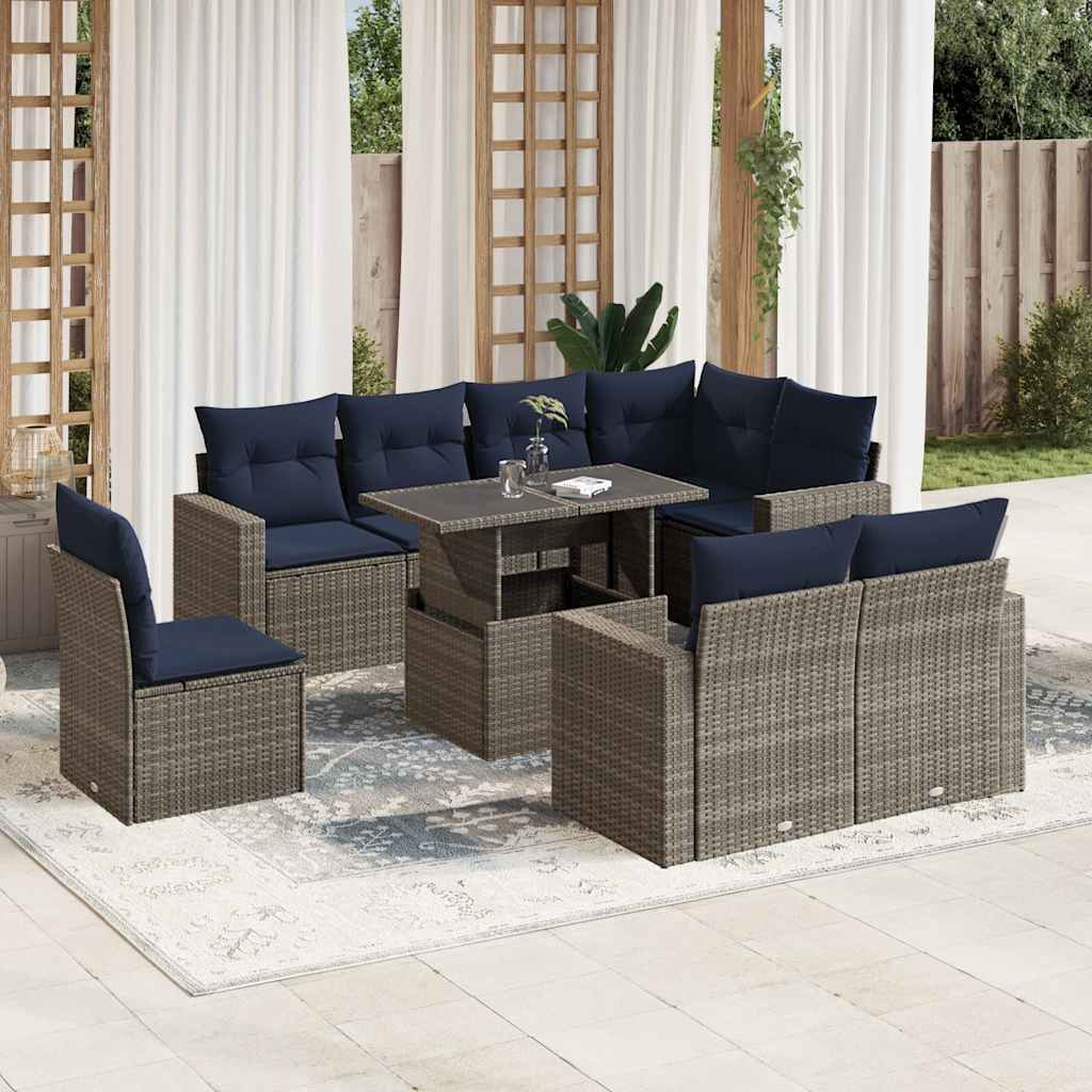 9-teiliges Gartensofa-Set mit Kissen, grau, Polyrattan