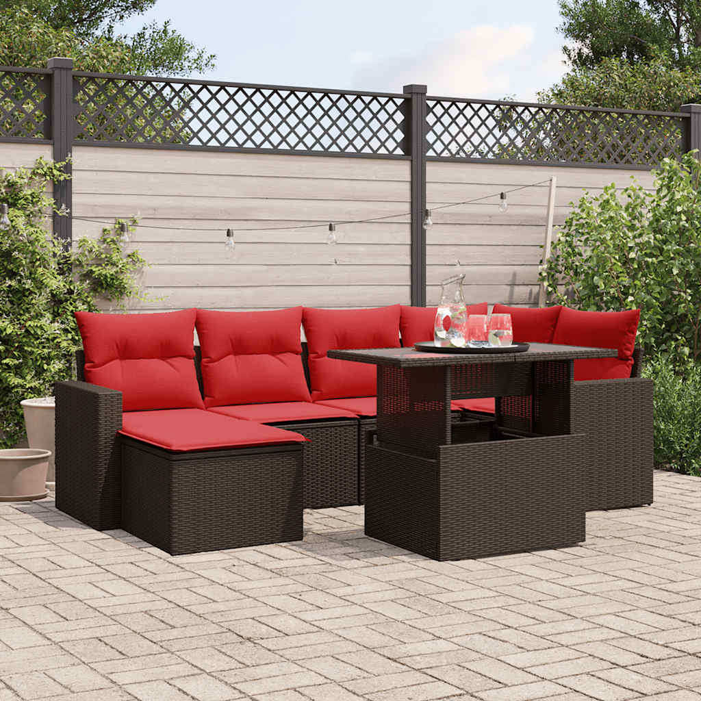 7-teiliges Gartensofa-Set mit Kissen, braun, Polyrattan
