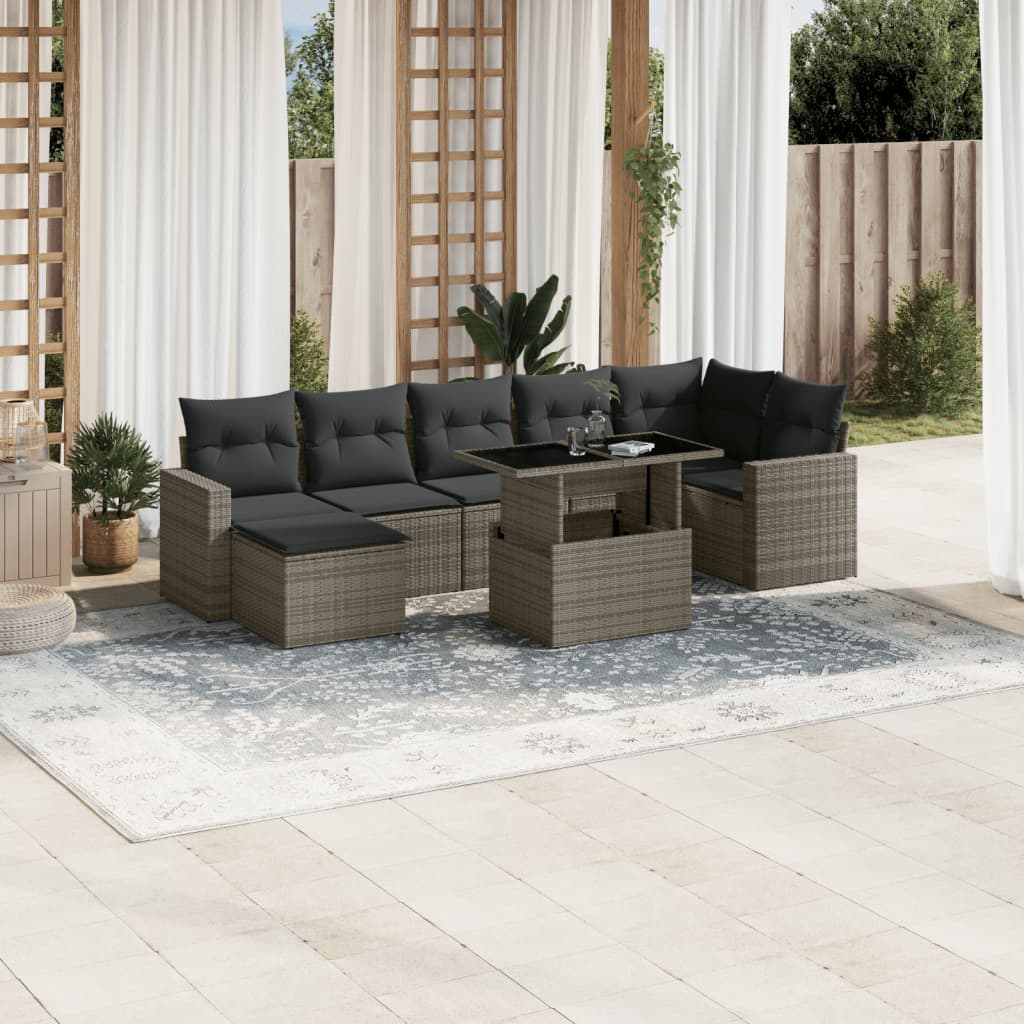 8-tlg. Garten-Sofagarnitur mit Kissen Grau Poly Rattan