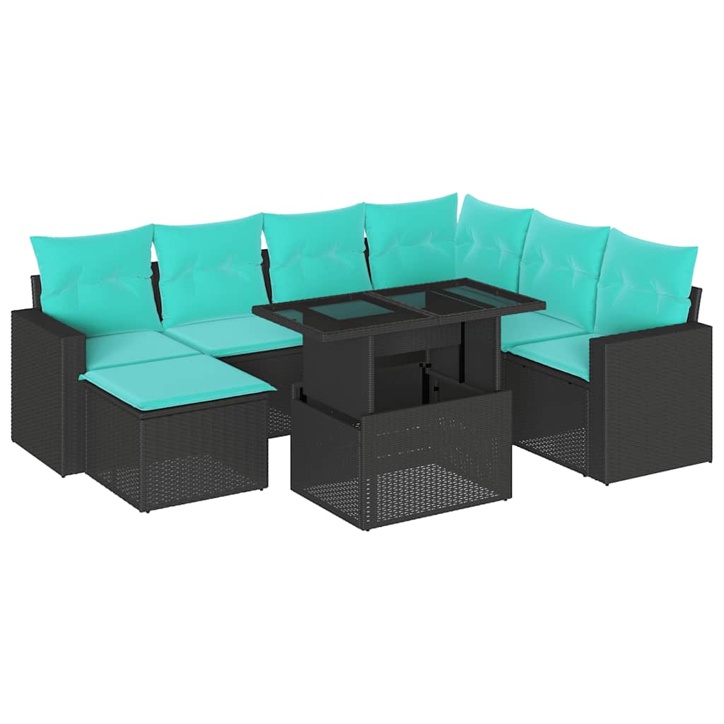 8-teiliges Gartensofa-Set mit Kissen, schwarzes Polyrattan