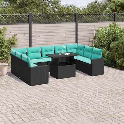 10-teiliges Gartensofa-Set mit Kissen, schwarzes Polyrattan