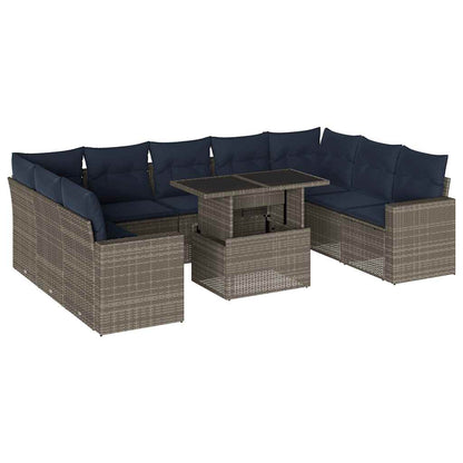 10-teiliges Gartensofa-Set mit Kissen, grau, Polyrattan