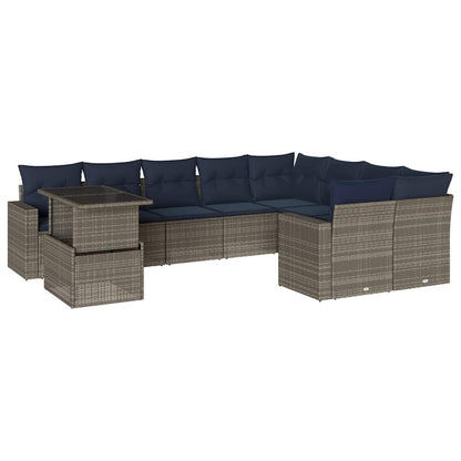 10-teiliges Gartensofa-Set mit Kissen, grau, Polyrattan