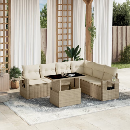 7-tlg. Garten-Sofagarnitur mit Kissen Beige Poly Rattan