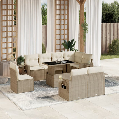 9-tlg. Garten-Sofagarnitur mit Kissen Beige Poly Rattan