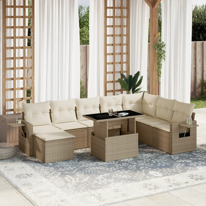 9-tlg. Garten-Sofagarnitur mit Kissen Beige Poly Rattan