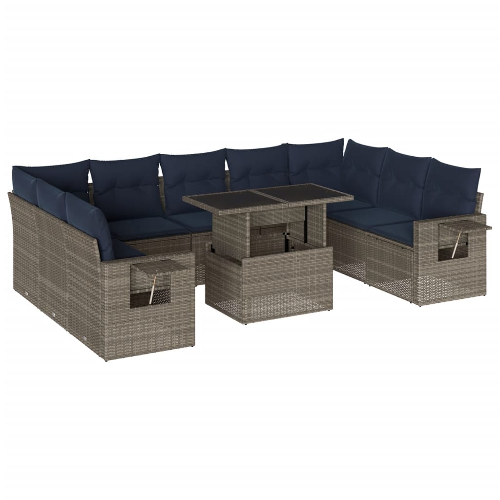 10-teiliges Gartensofa-Set mit Kissen, grau, Polyrattan